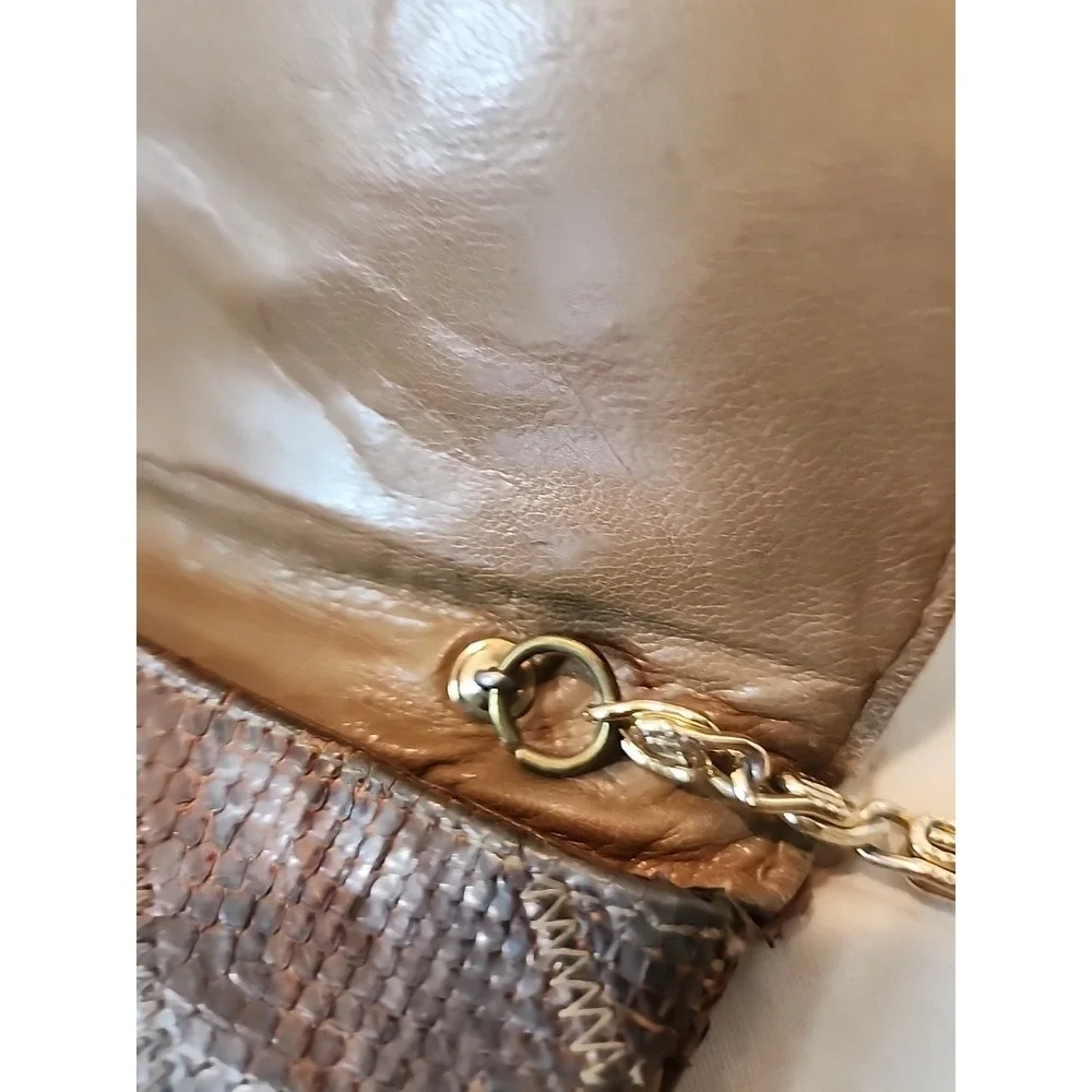 Vintage Brown‎ Patchwork 80s Snakeskin Purse W/ Goldtoned Chain Strap